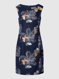 White Label Knielanges Kleid Aus Leinen Mit Motiv-Print - Marineblau